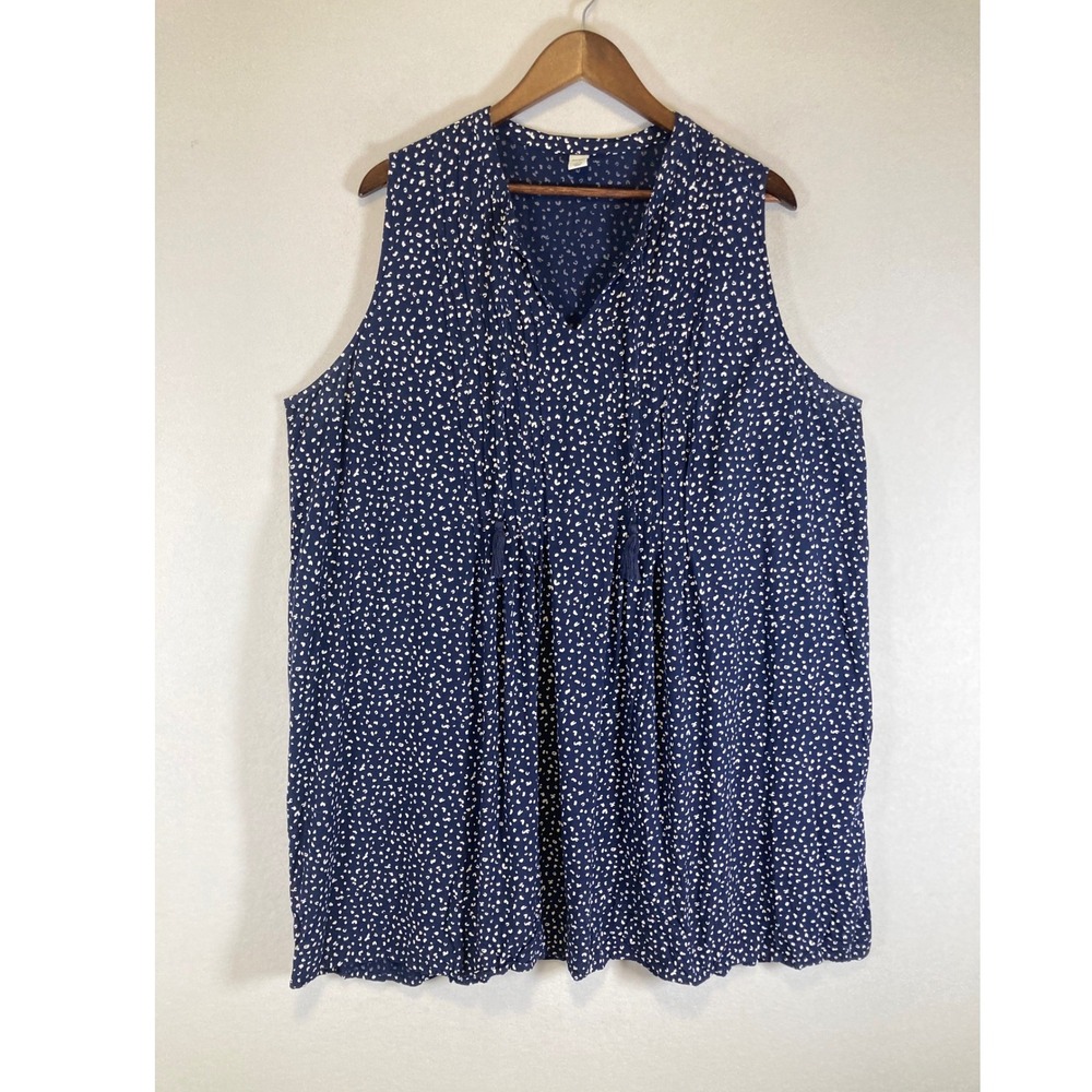 Boho Old Navy Women XXL Navy Blue White Dot Tassel Split Neck Sleeveless Tunic